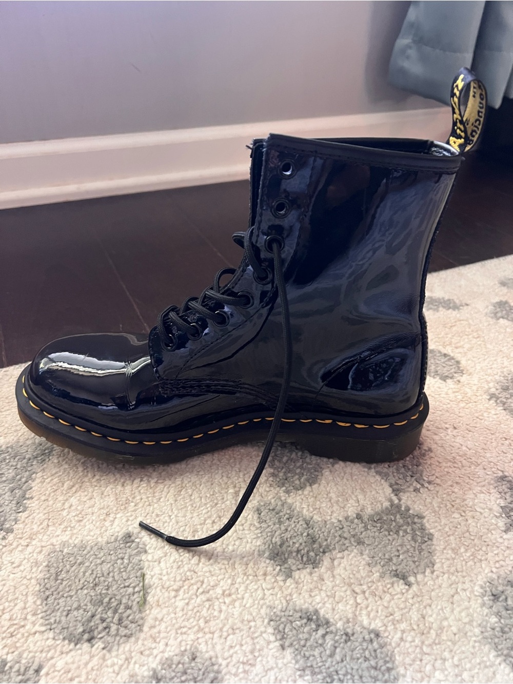 Dr. Martens Black Patent Leather Lace-Up Combat Boots with Yellow Stitching